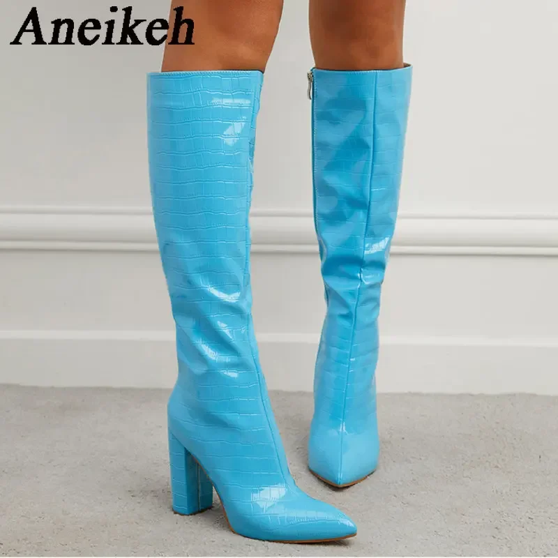 Aneikeh Women's Patent Leather Crocodile Pattern Knee High Boots 2024 Spring/Autumn Pointed Thick Heel Sewing Side Zipper Boots