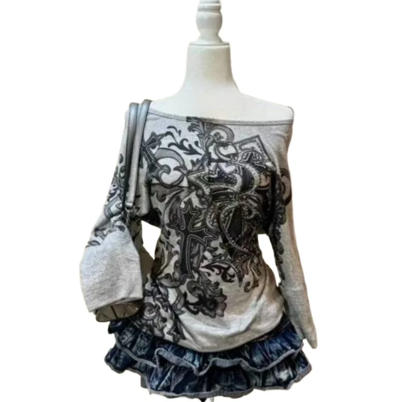 Y2k الأمريكية خمر القوطية طباعة ضئيلة طويلة الأكمام الخريف النساء تيز 2000 ثقافة فرعية الكورية موضة تي شيرت Harajuku بلايز شيك #4