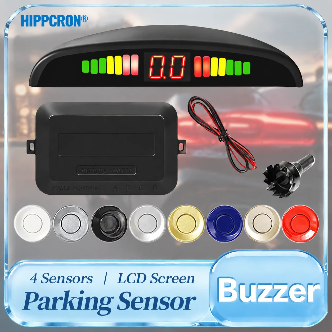 HIPPCRON 12V Front & Rear Car LED Parking Sensor Parking Kit Display Alarm 22MM Backlight Reverse Backup Radar Monitor System