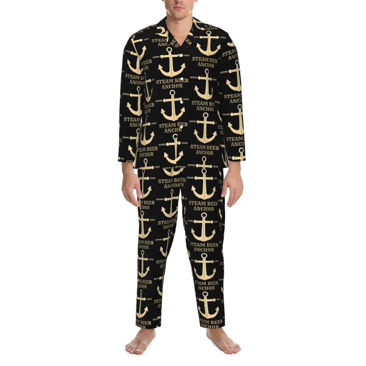 Gold Anchor Steam Sleepwear Autumn Since 1896 Vintage Oversize Pajamas Set Man Long Sleeves Comfortable Sleep Design Nightwear