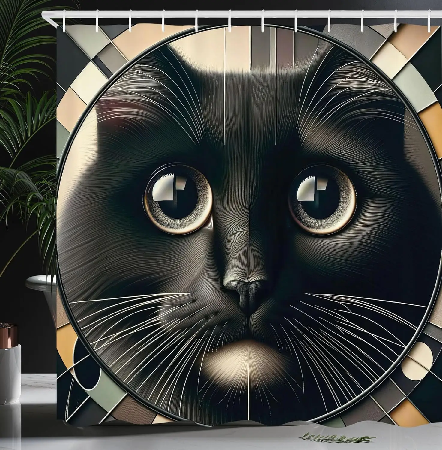 

Cat Shower Curtain, Closeup Look of a Black Kitty Circle Portrait Geometric Mosaic Details Around, Cloth Fabric Bathroom Decor