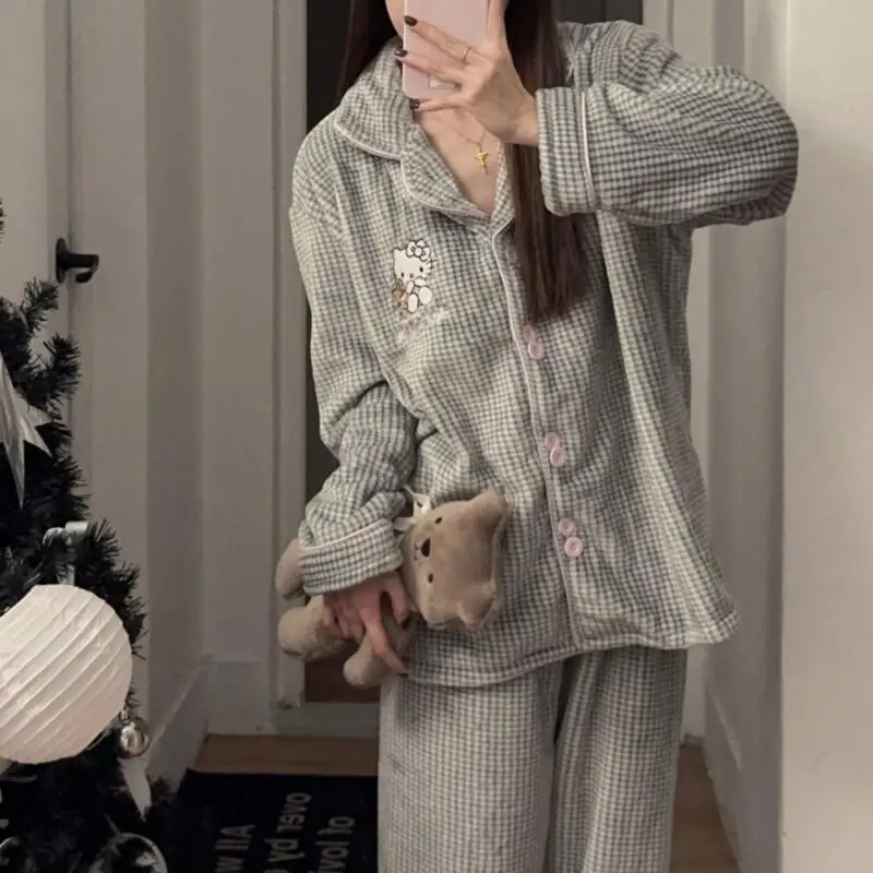 

Пижамы Hello Kitty в клетку Kt Cat, женские зимние новые повседневные фланелевые кардиганы с героями мультфильмов, брюки с длинными рукавами, домашняя одежда