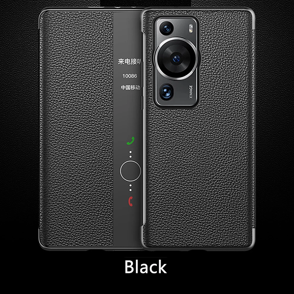 Genuine Leather Flip Cover For Huawei P60 Pro Case Luxury Original Smart Touch View Wake Sleep Up Protection