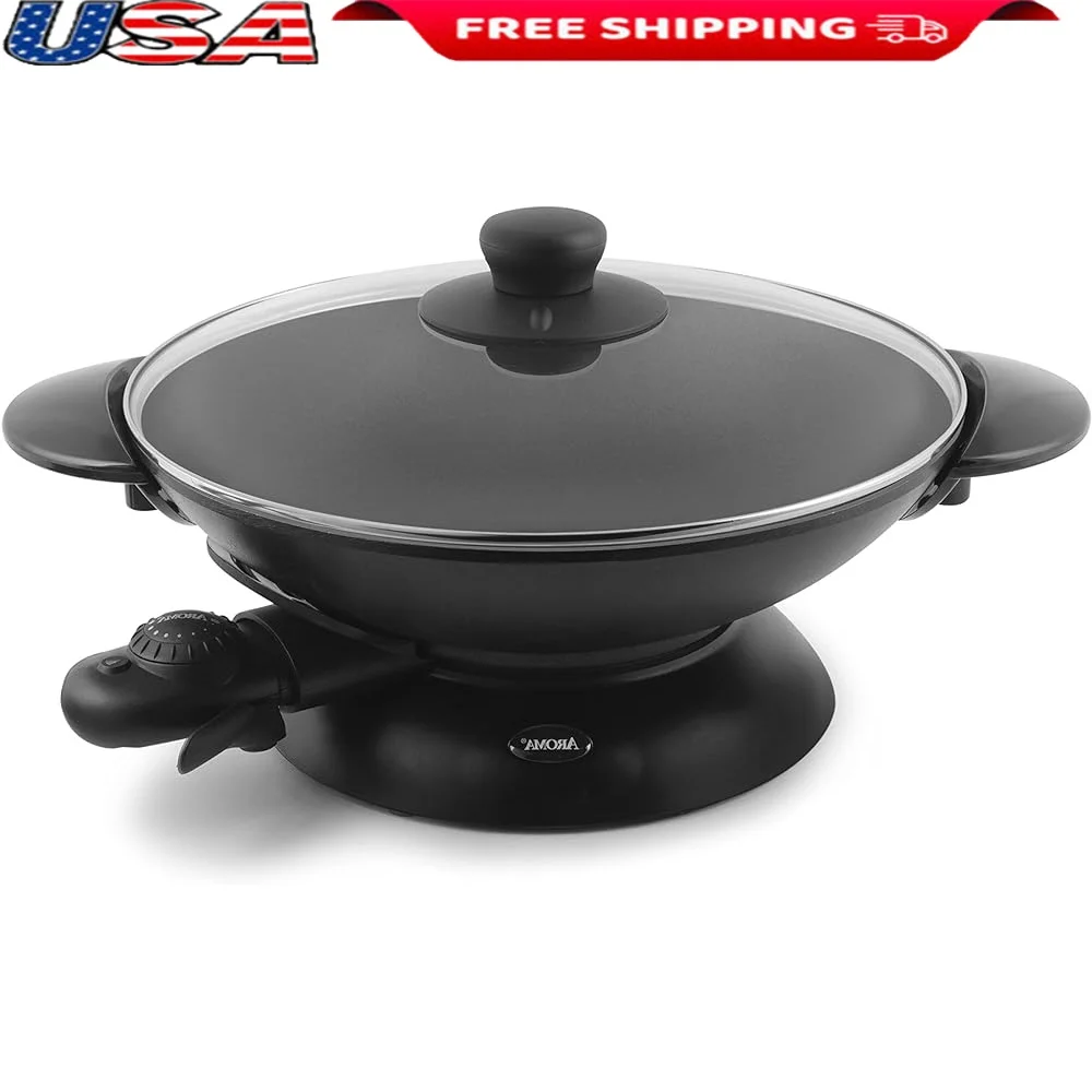 Elektryczny wok nieprzywierający z pokrywą ze szkła hartowanego, ruszty do gotowania na parze tempura, przedłużone pałeczki, łatwe czyszczenie, wytrzymały, 5 kwart