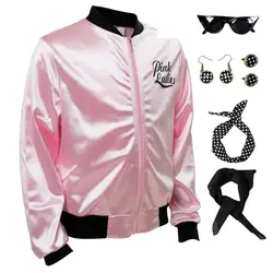 Cosplay Pink Ladies Grease Costume Retro Jacket Fancy Cheerleader Adult Women Girls Pink Autumn Coat Halloween Party Suit