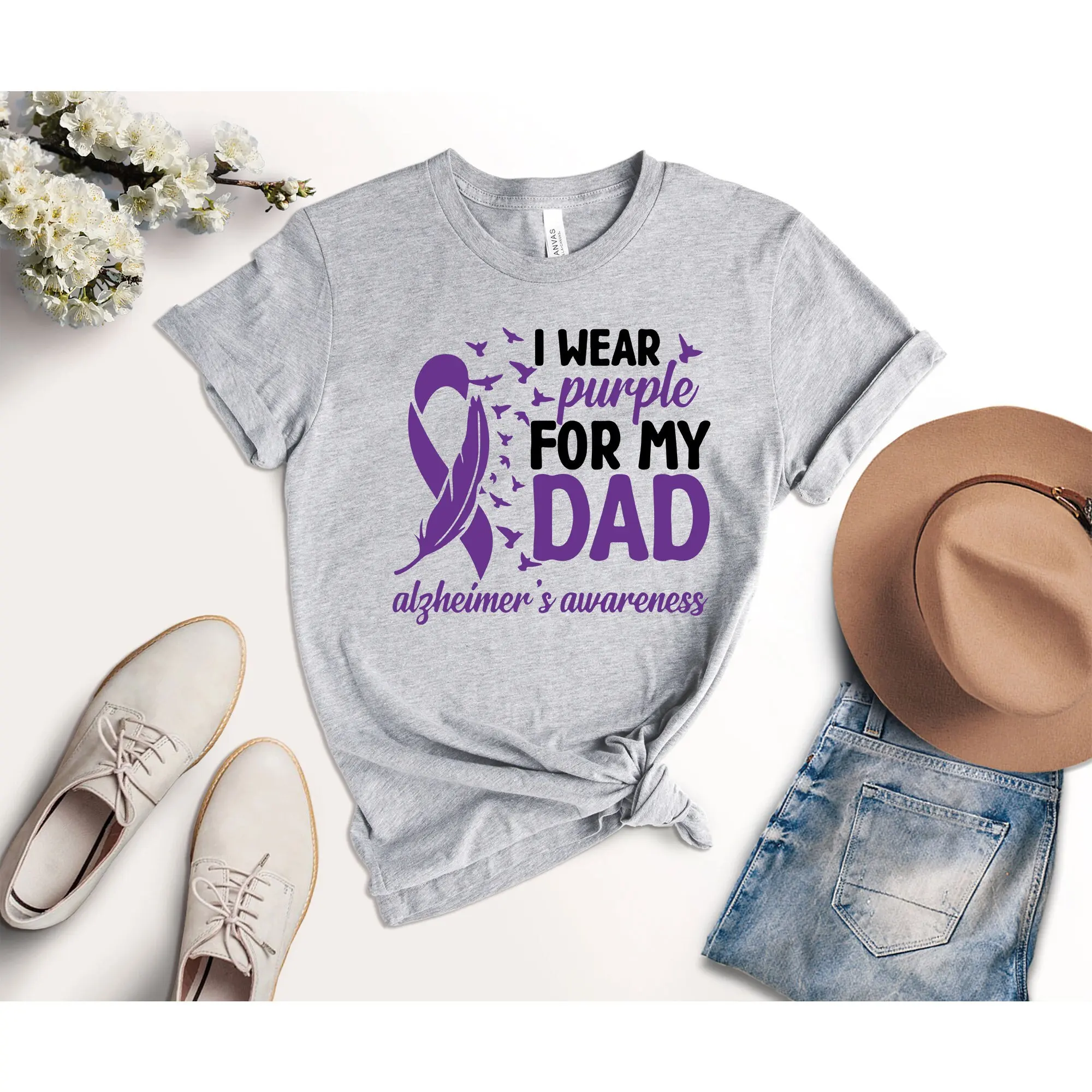 I Wear Purple For My Dad T Shirt Alzheimer'S Awareness Support Ribbon Dementia