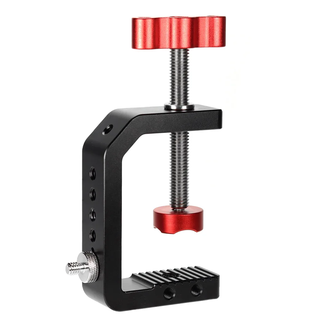 Aluminium C-Klemme mit Cold Shoe und Arri-Positionierloch 1/4" 3/8" Gewinde für DSLR-Kamera, Monitor, LED-Videoleuchte, Schreibtisch-Rig – Detail 10