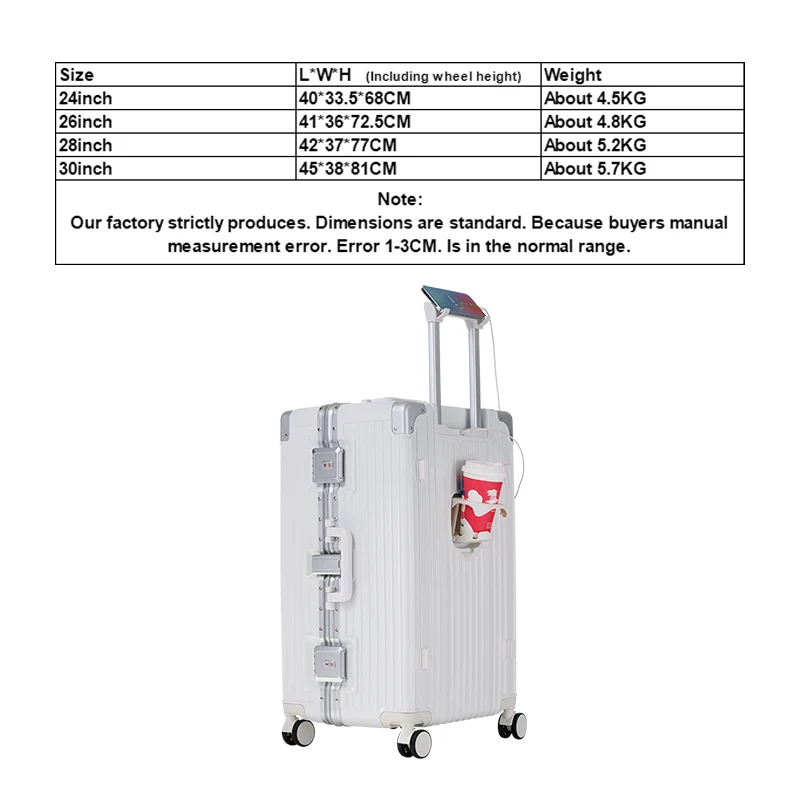 24/26/28/30 Inch Big Capacity Suitcase With Cup Holder Travel Suitcase Men Carry-On Luggage Women PC Aluminum Frame Trolley Case