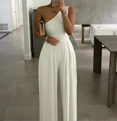 Mono elegante sin mangas con espalda descubierta y un hombro para mujer, pantalones largos de pierna ancha para mujer, mono de cintura alta, mono de verano