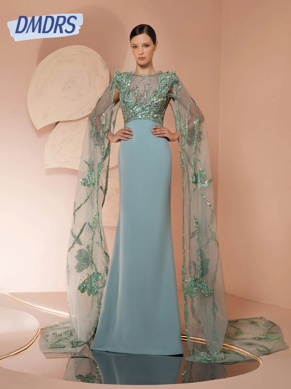 

Arabic Cap Sleeves Sequined Evening Dress Exclusive Appliques Mermaid Formal Events Customized Cocktail Gown Stylish Mother Wear