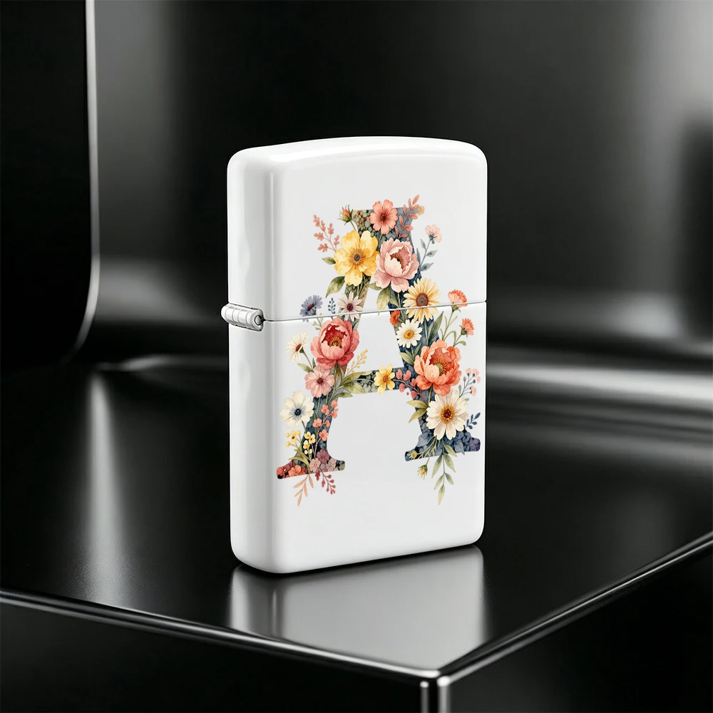 Bohemian-style wildflower-patterned A-Z white flip-top lighter, a vintage floral initial-decorated gift