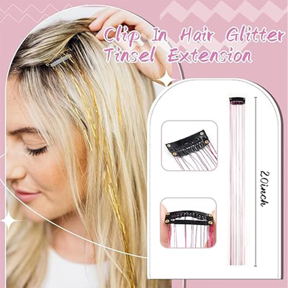 12Pcs Synthetic Hair Tinsel 20Inch Clip in Glitter Tinsel Hair Clip in Hair Tinsel Kit Heat Resistant Shiny Sparkle Fairy Hair