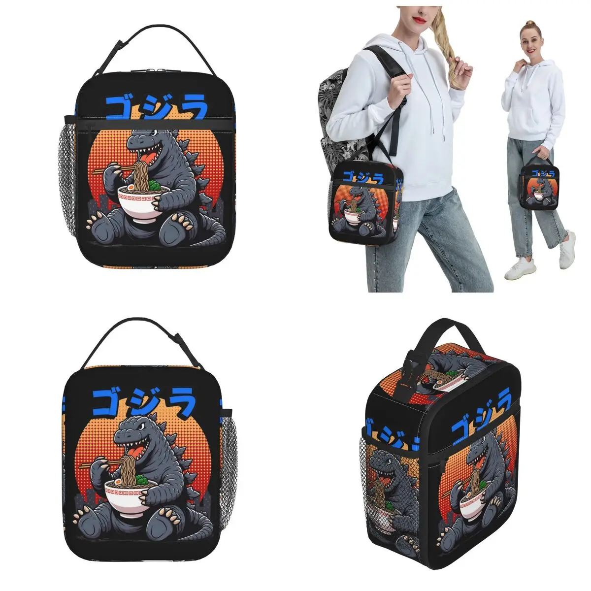 Godzillaed Eating Ramen Insulated Lunch Bag Cooler Lunch Container Large Tote Lunch Box Food Handbags School Travel