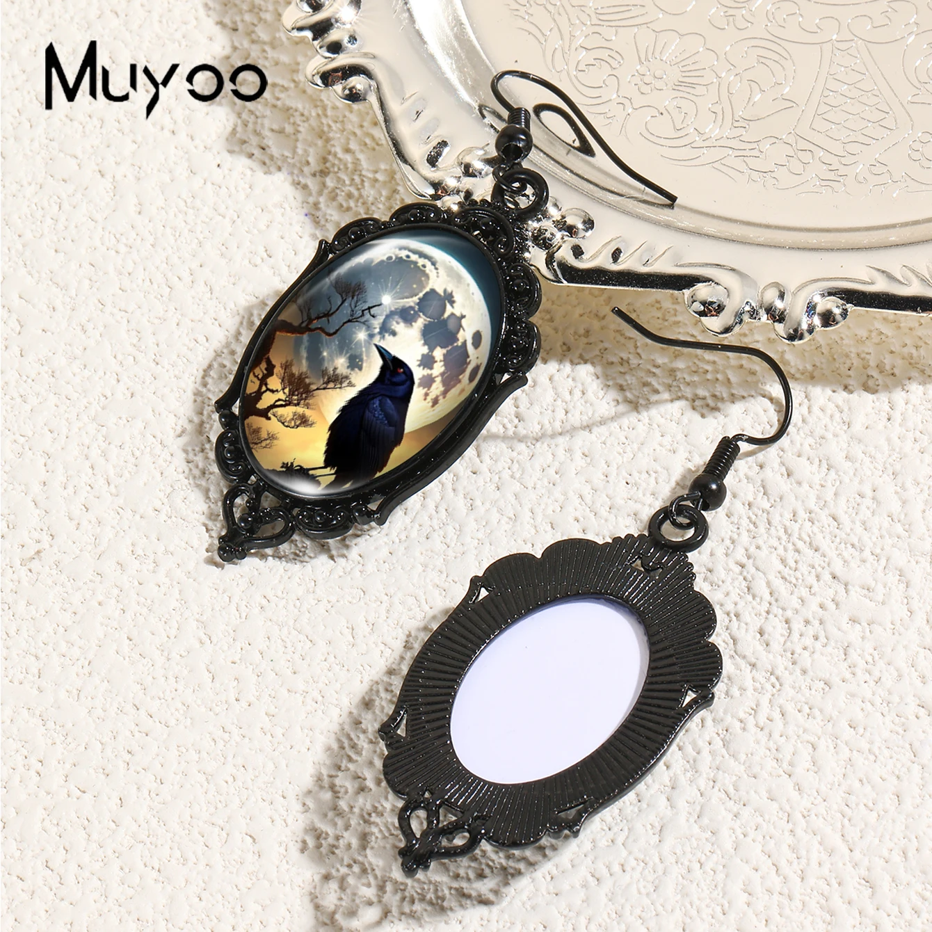 2024 New Arrival Fashion Halloween Raven Crow and Moon Glass Cabochon Fish Hook Earrings Handmade Black Pumpkin Dangles