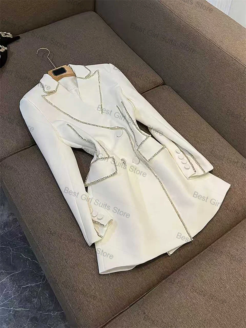 

White Women Suit 1 Pcs Long Blazer Luxury Crystals Fall Autumn Double Breasted Formal Office Lady Jacket Customized Wedding Coat