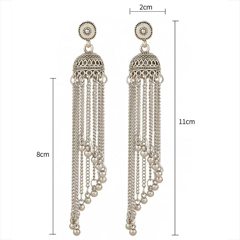 Classic Vintage Silver Color Gypsy Dangle Earrings Ethnic Women\'s Bohemian Bells Tassel Long Earrings Jhumka Indian Jewelry