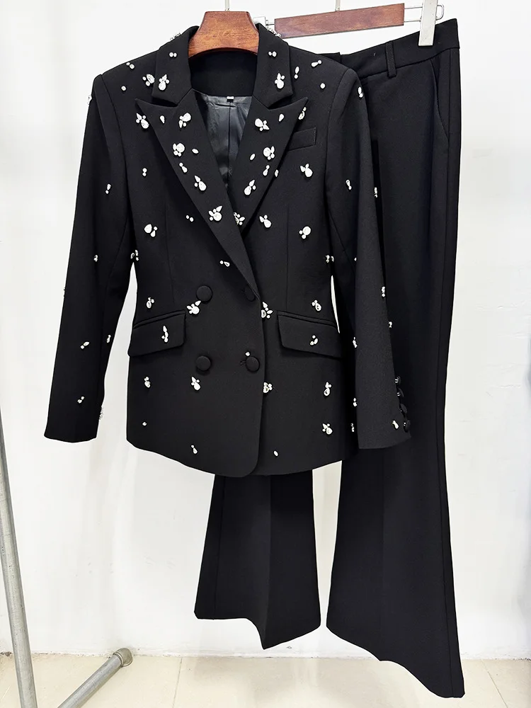 HIGH STREET Newest 2026 Stylish Designer Suit Set Women's Diamonds Beaded Blazer Pants Set 2pcs