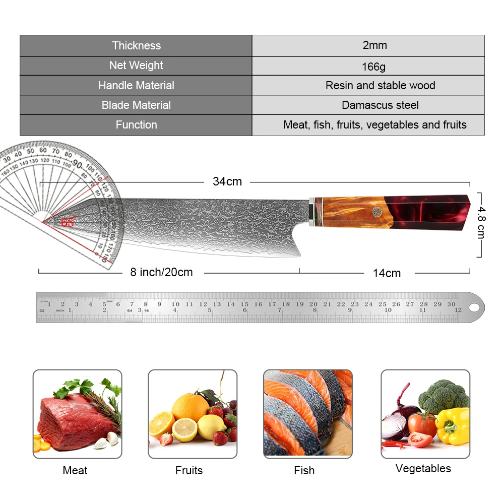 XITUO Sharp 8 inch Chef Knife Damascus Steel Kiritsuke Kitchen Knife, Professional Gyuto Knife Resin stabilised wood Handle