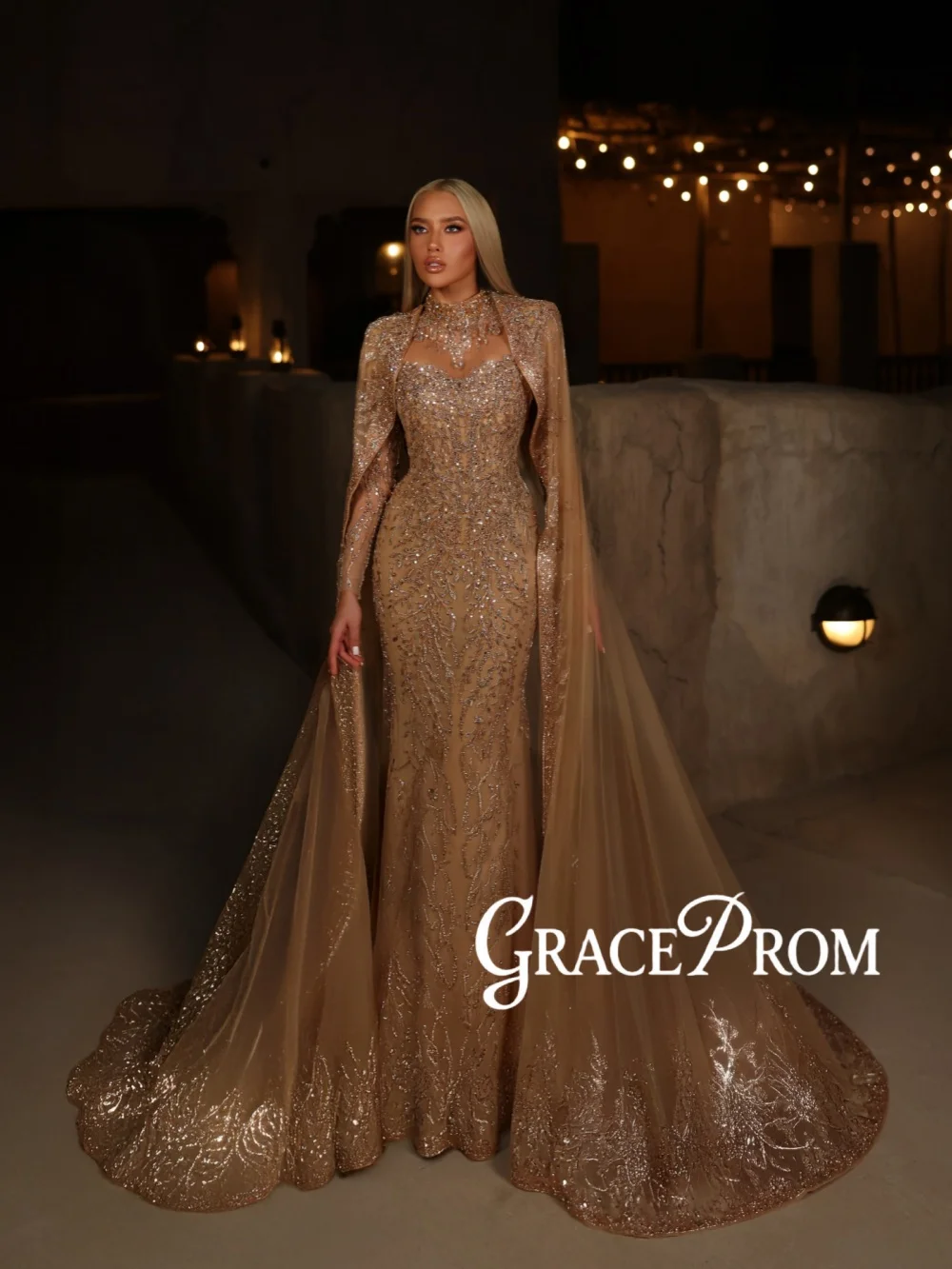 

Dazzling Beaded Floor-length Evening Dress With Cape Luxury High Collar Wedding Party Gowns Customized Stylish Banquet Gowns