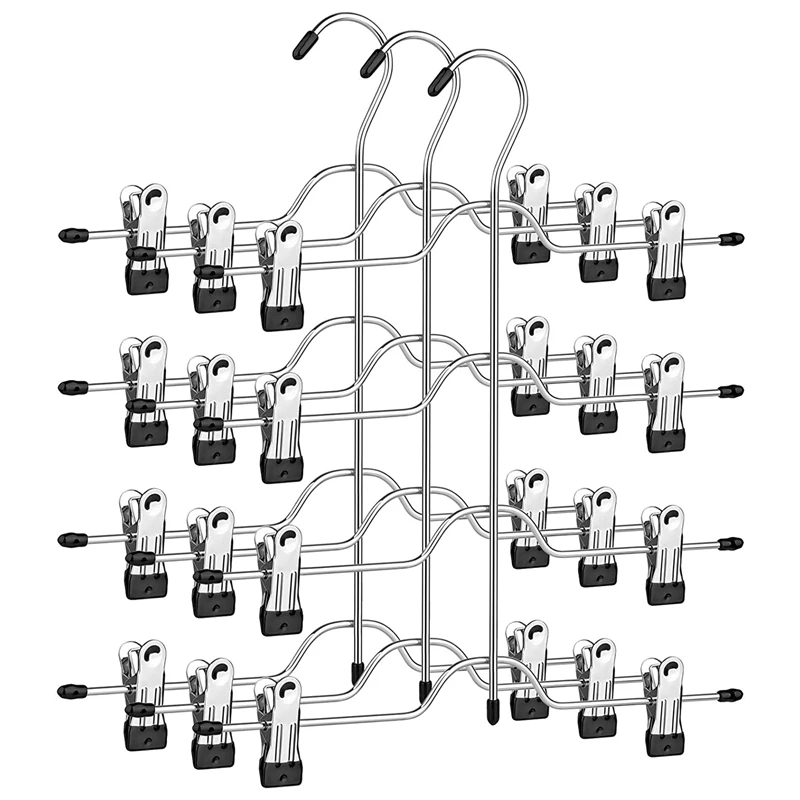 AT14 Space-Saving Trouser Hangers, Multiple Skirt Hangers With Clips, Set Of 3, Metal Clothes Hangers, For 4 Trousers Each