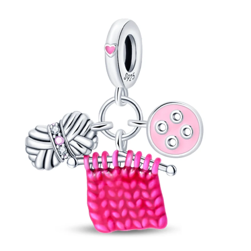 Trendiger 925 Sterling Silber Charm-Anhänger „Leidenschaftlich beim Stricken“ für Original-Armbänder, DIY-Geburtstagsschmuck für Frauen