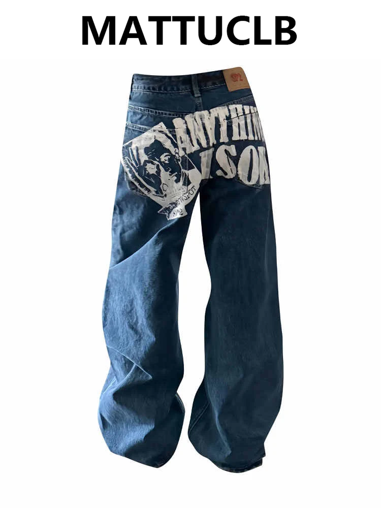 Women's Baggy Jeans Y2k Japanese Streetwear American Retro Print Denim Pants Boyfriend Wide Fit Grunge Harajuku Cowboy 2000s New