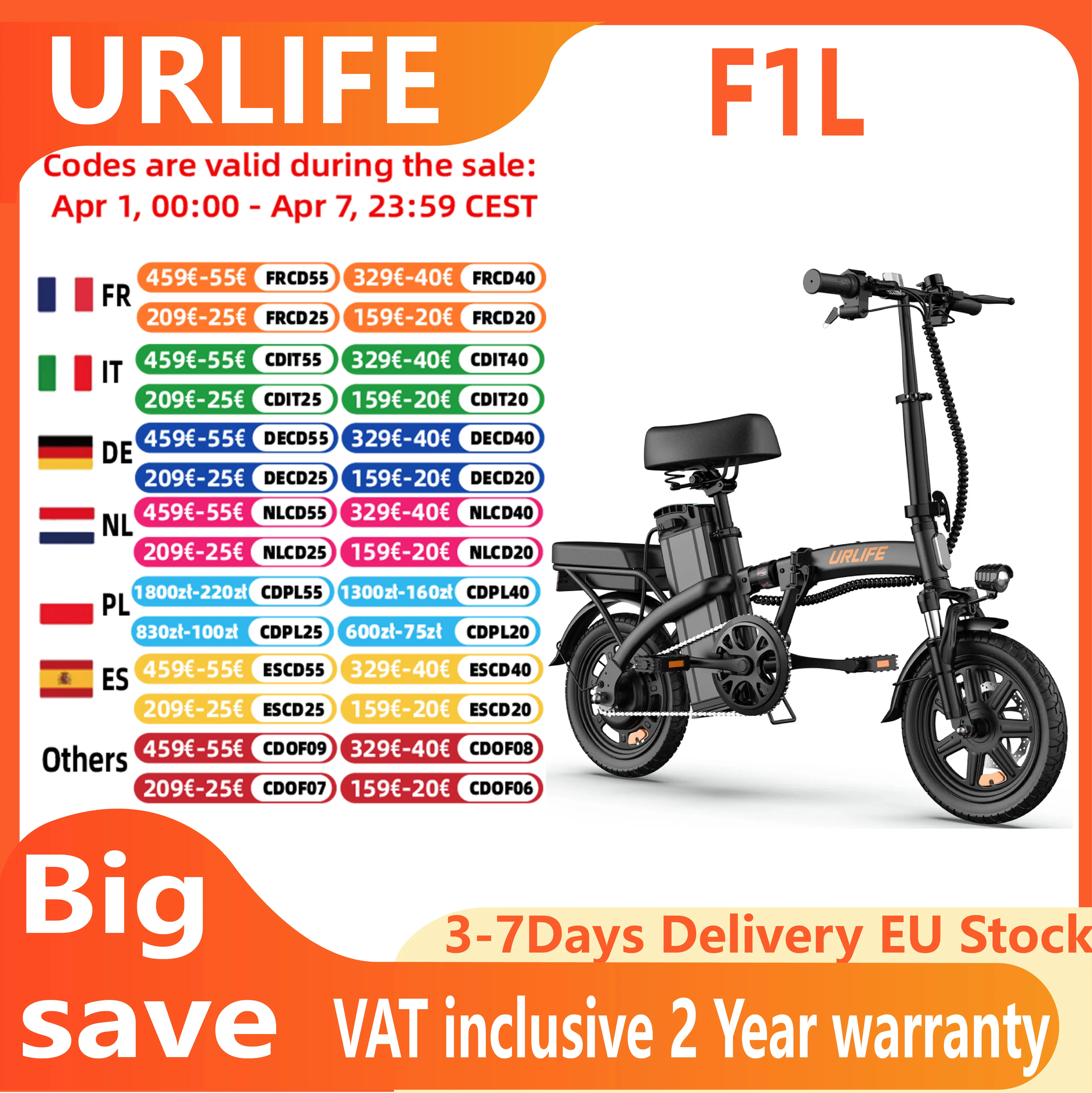 Vélo électrique pliable haut de gamme URLIFE F1L pour adultes, moteur 250W, 48V 7.5AH, tout-terrain, pneus 14 pouces, style unisexe