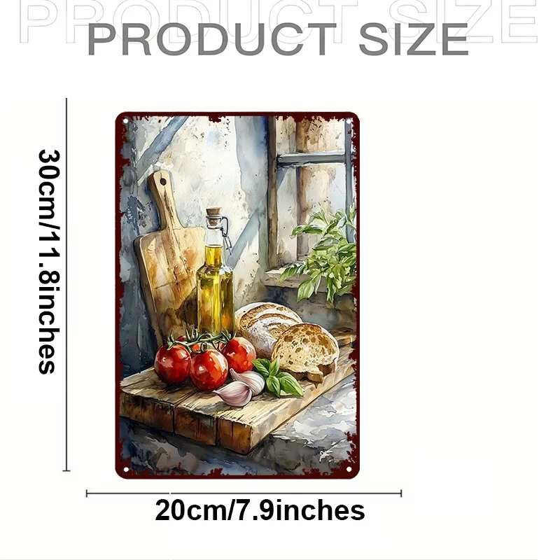 2D Flat Mediterranean Style Metal Plaque Olive Oil Bread Vegetable Vintage Tin Sign 20x30cm Home Restaurant Cafe Bar Garage Wall