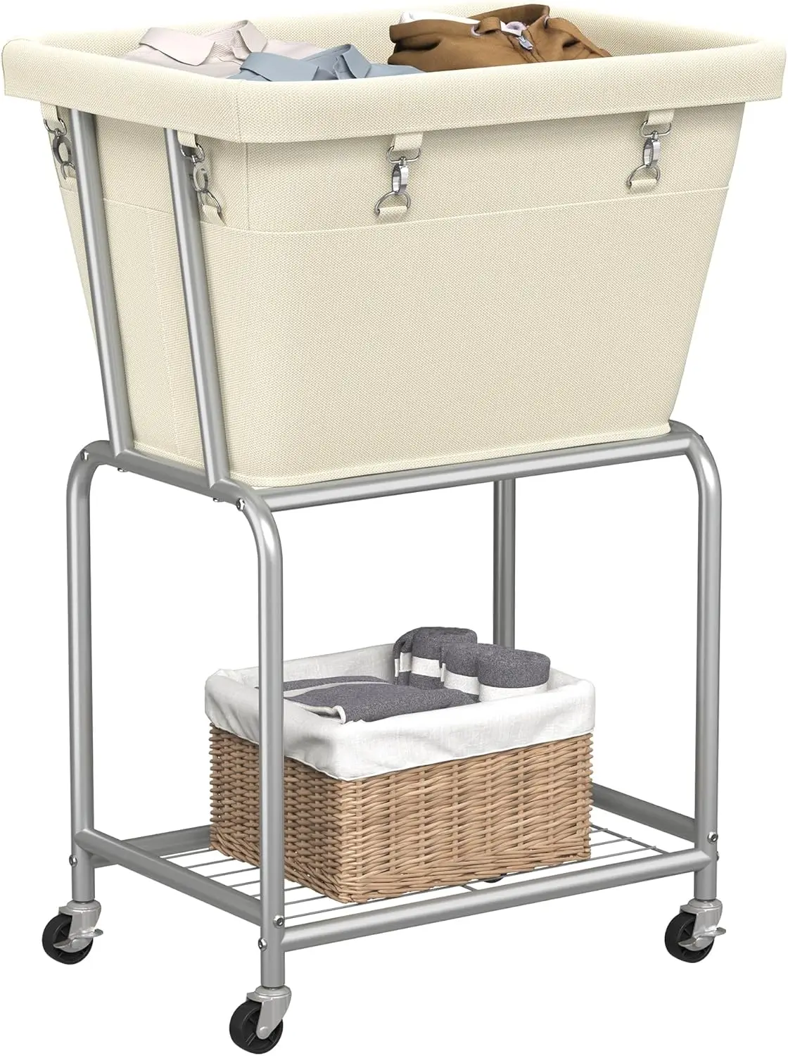 

Rolling Laundry Cart with Wheels, Removable Bag & Shelf, Metal Frame Basket with 4 Casters and Brakes for Home Use