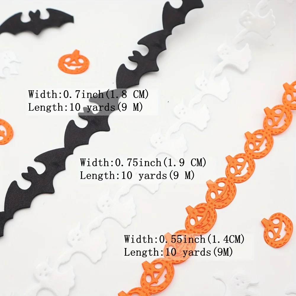 10-Yards Halloween-Spitzenband-Set, Kürbis-Fledermaus-Geistermuster | Bastelbesatz für Geschenkverpackungen und Gurtband für Partydekorationen – Detail 2