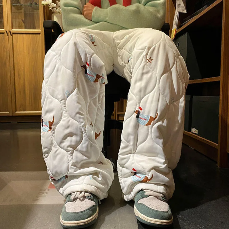 LUZHEN لطيف الكرتون نمط مطبوعة عالية الجودة سميكة الدافئة مبطن بنطلون الرجال 2025 الشتاء موضة السراويل المستقيمة JY4884