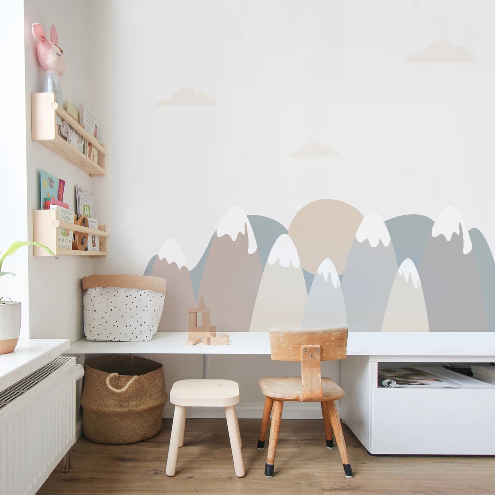 Large Warm Color Mountain Wall Sticker Waterproof Seamless Fabric Muslin Wall Mural for Kids Room Nursery Living Room Decoration