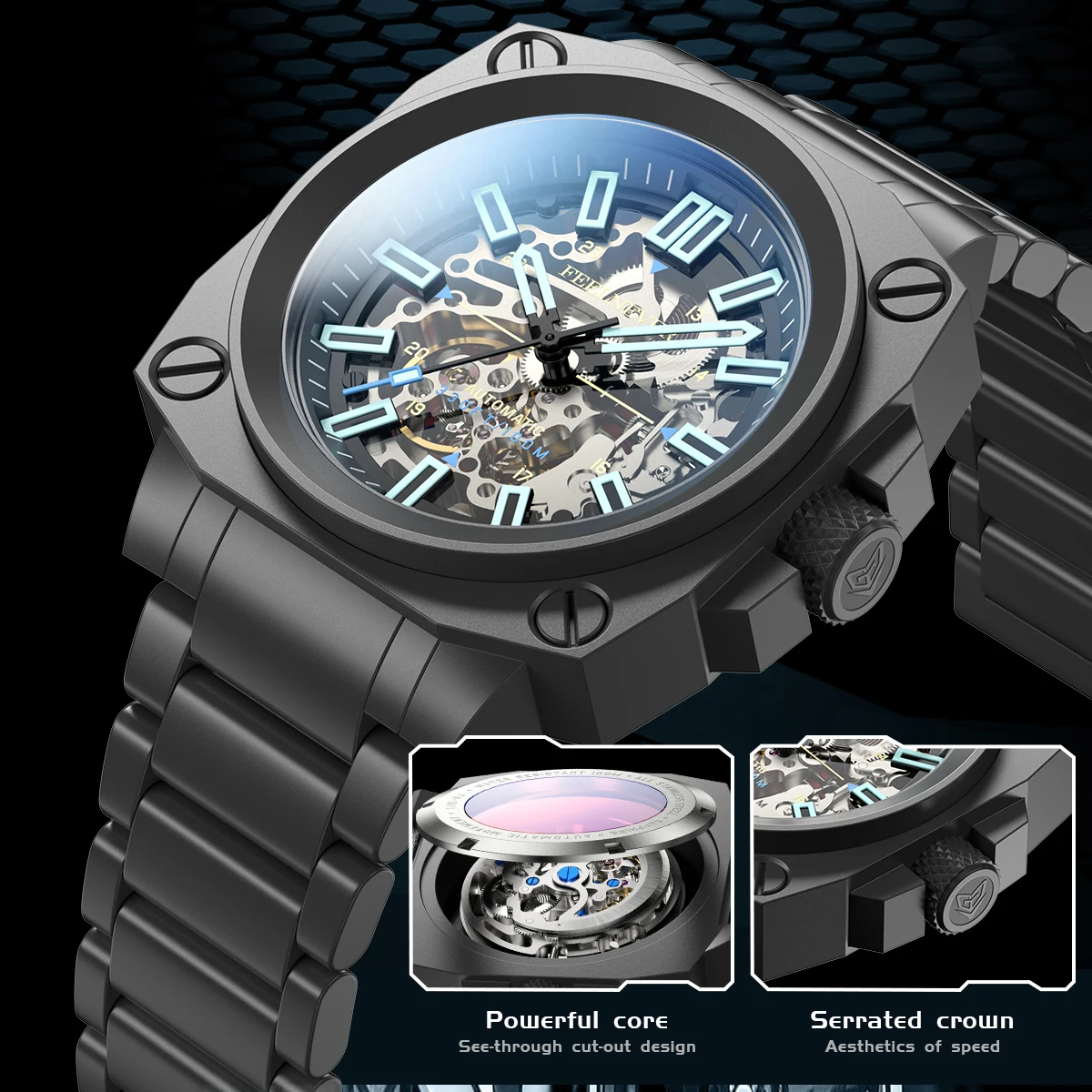FEELNEVER New Skeleton Automatic Watches for Men Casual Business Sapphire Diver Watch Men Fashion Men's Mechanical Wristwatch view 4