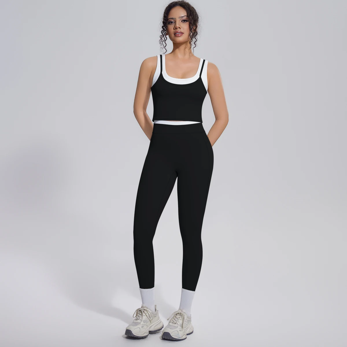 Hamidou Damen Yoga-Set, sexy, stoßdämpfend, Lauf-Yoga-Top, Farbblock-Design, hochtaillierte Fitness-Sport-Yoga-Hose, Gym-Yoga-Set – Detail 6