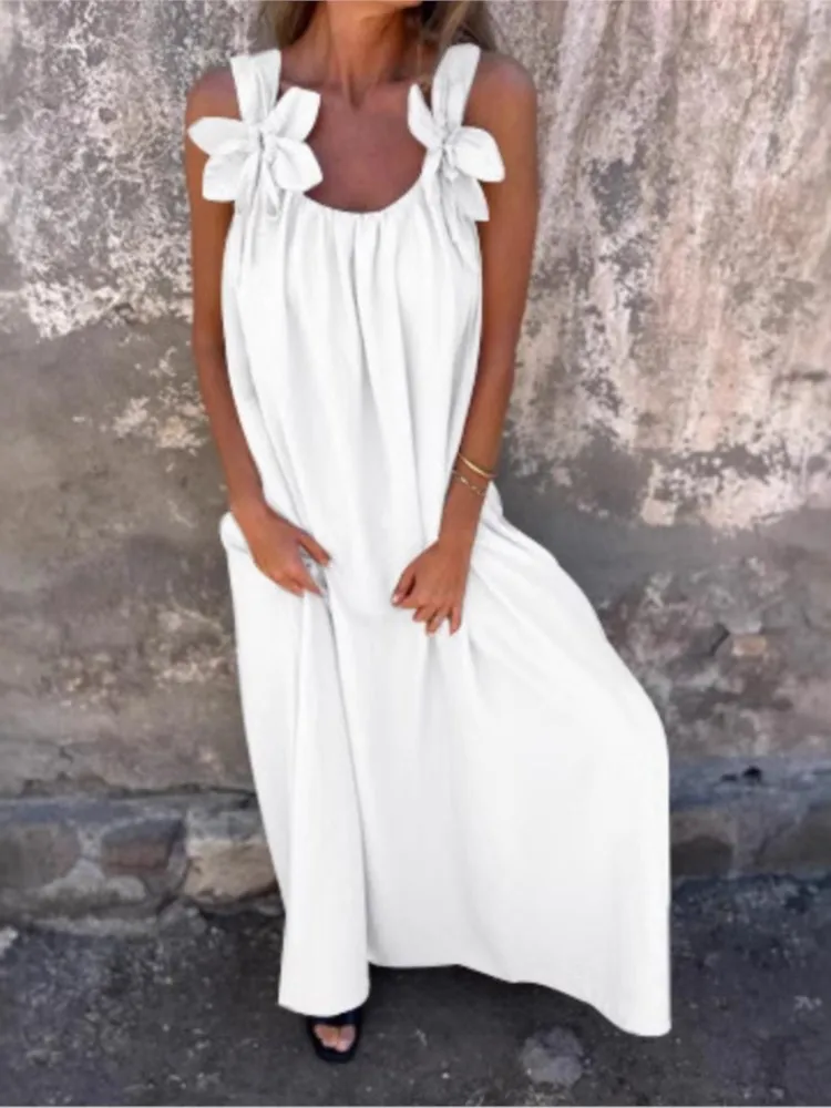 

Summer New Women's Simple Solid Color Lace Dress Fashion Suspender U-neck Sleeveless Mid-waist Temperament Commuting Long Skirt