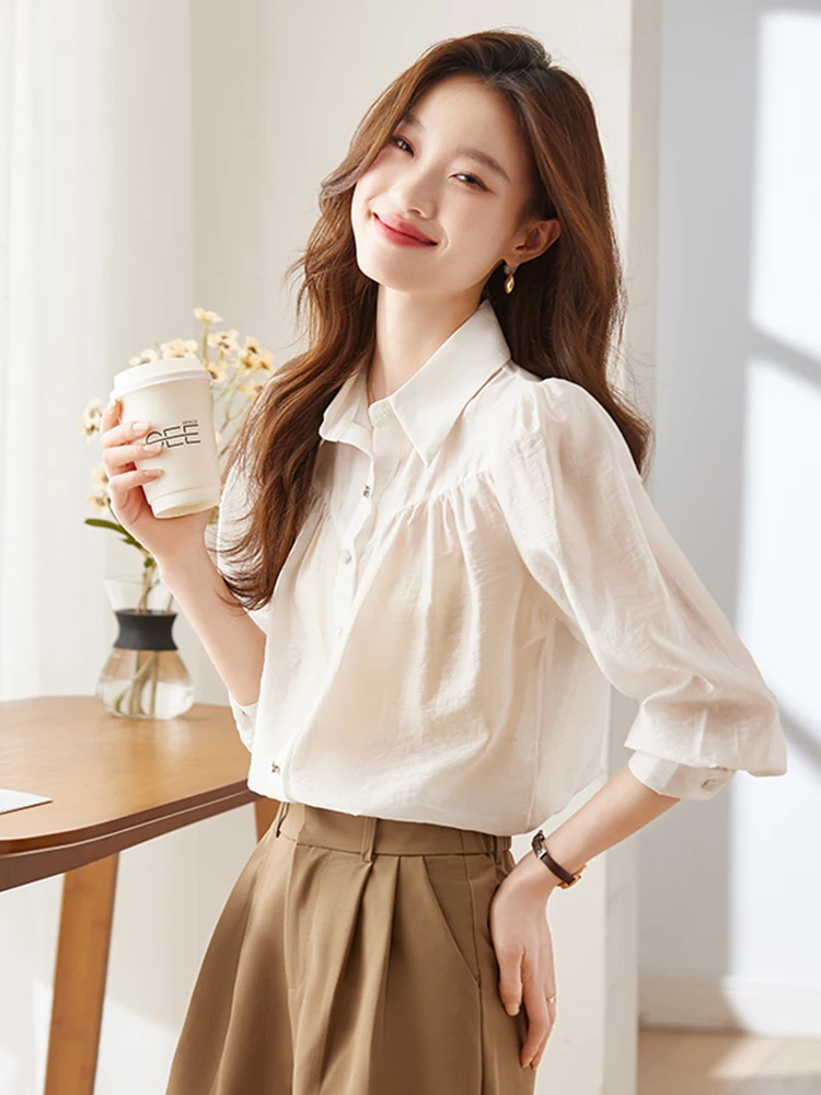 

Women's White Silk Chiffon Shirt 2024 New Design Summer Professional Workwear Loose Fit Long Sleeve Button up Office Style