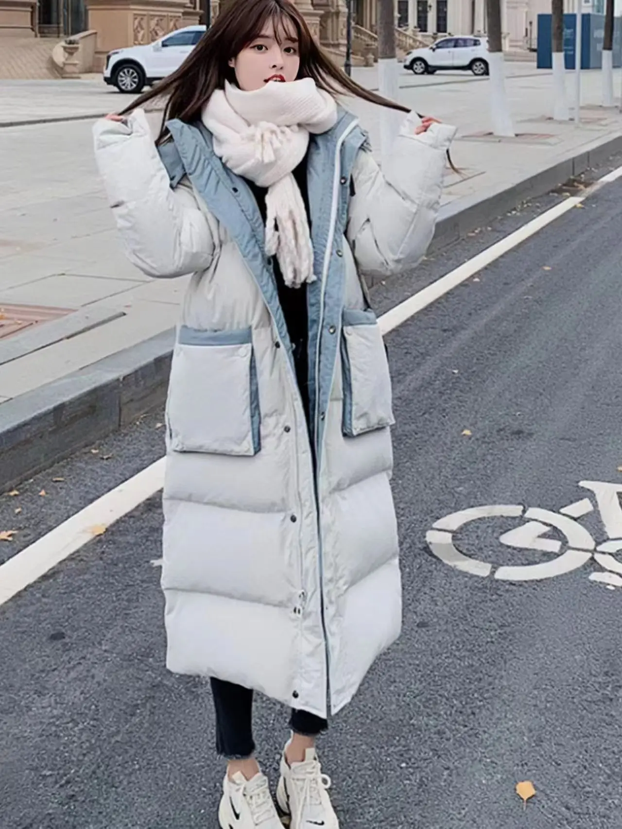 여성용 후드 다운 재킷, 길고 루즈하고 두꺼운 면 재킷, 한국어 버전, 하이엔드, 겨울, 신규, 2024