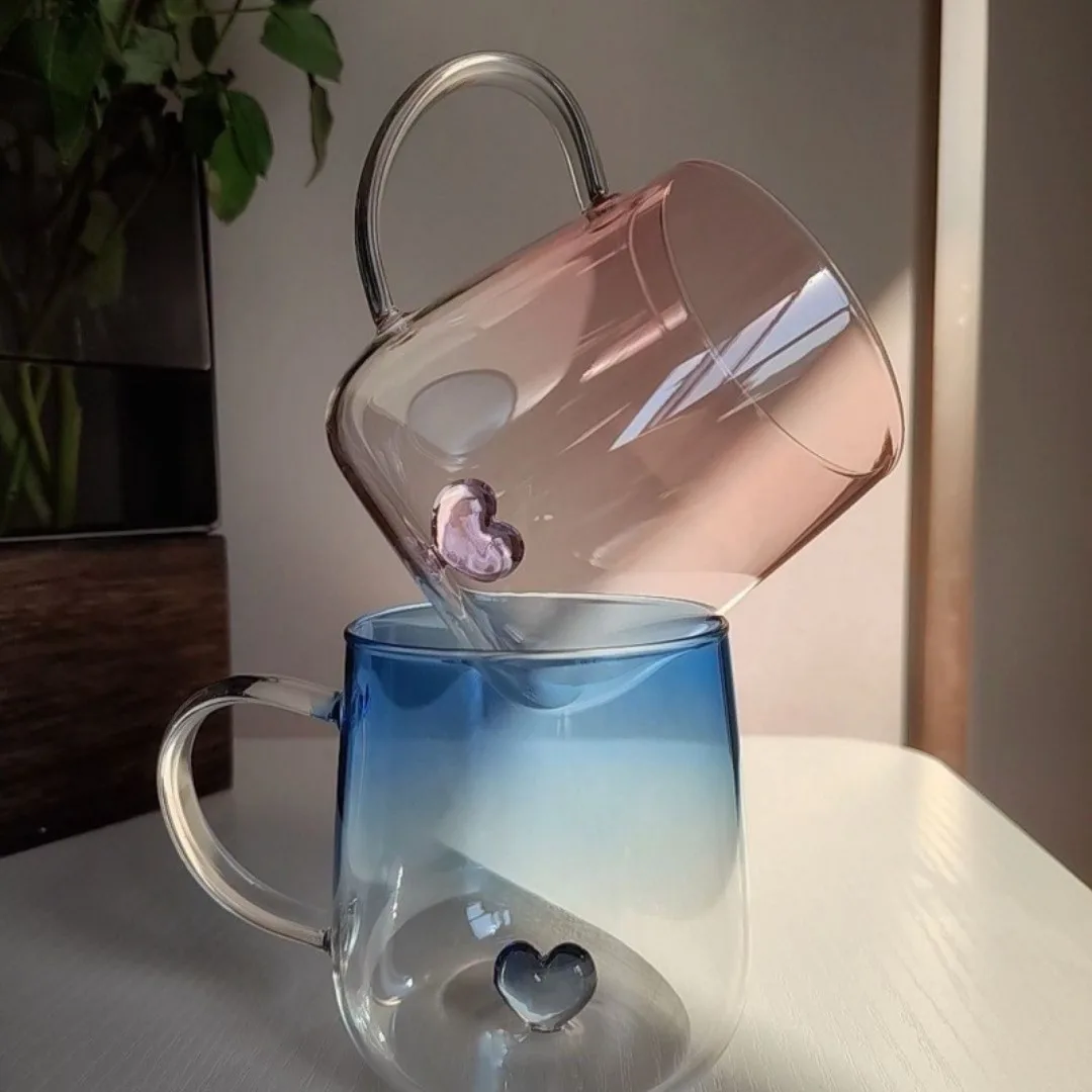 

2PC high-value creative gradient love high-temperature resistant glass cups couple household mugs milk cups juice cups