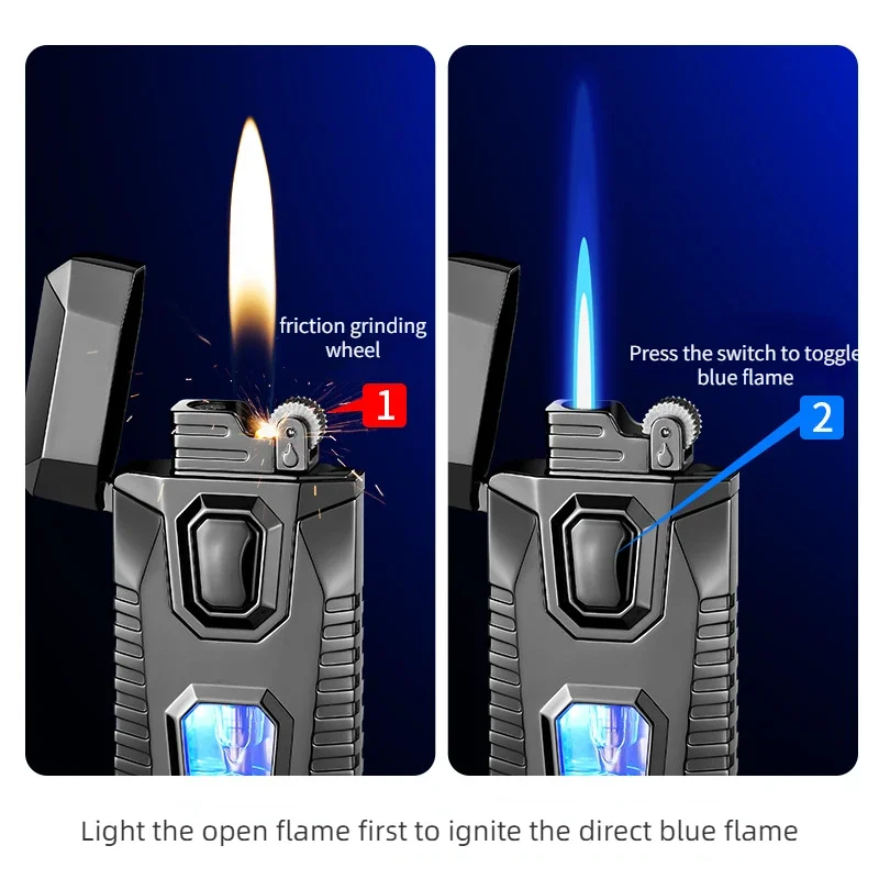 Newest Metal Open Flame Direct Double Flame Personalized Creative Blue Light Lighter Gradient Color Windproof Cigarette Lighter