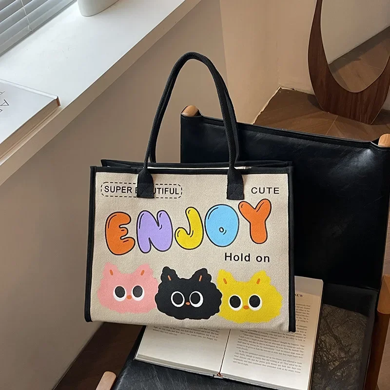 Bolso De lona con estampado De gatito bonito para Mujer, bolso De mano con letras De viaje, Bolsos De compras para Mujer, Bolsos De Mujer