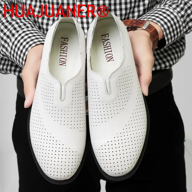 Genuine Leather Slip on Men Shoes Hollow Out Breathable Business Oxfords Man Moccasins Mens Dress Shoes Casual Driving Loafers