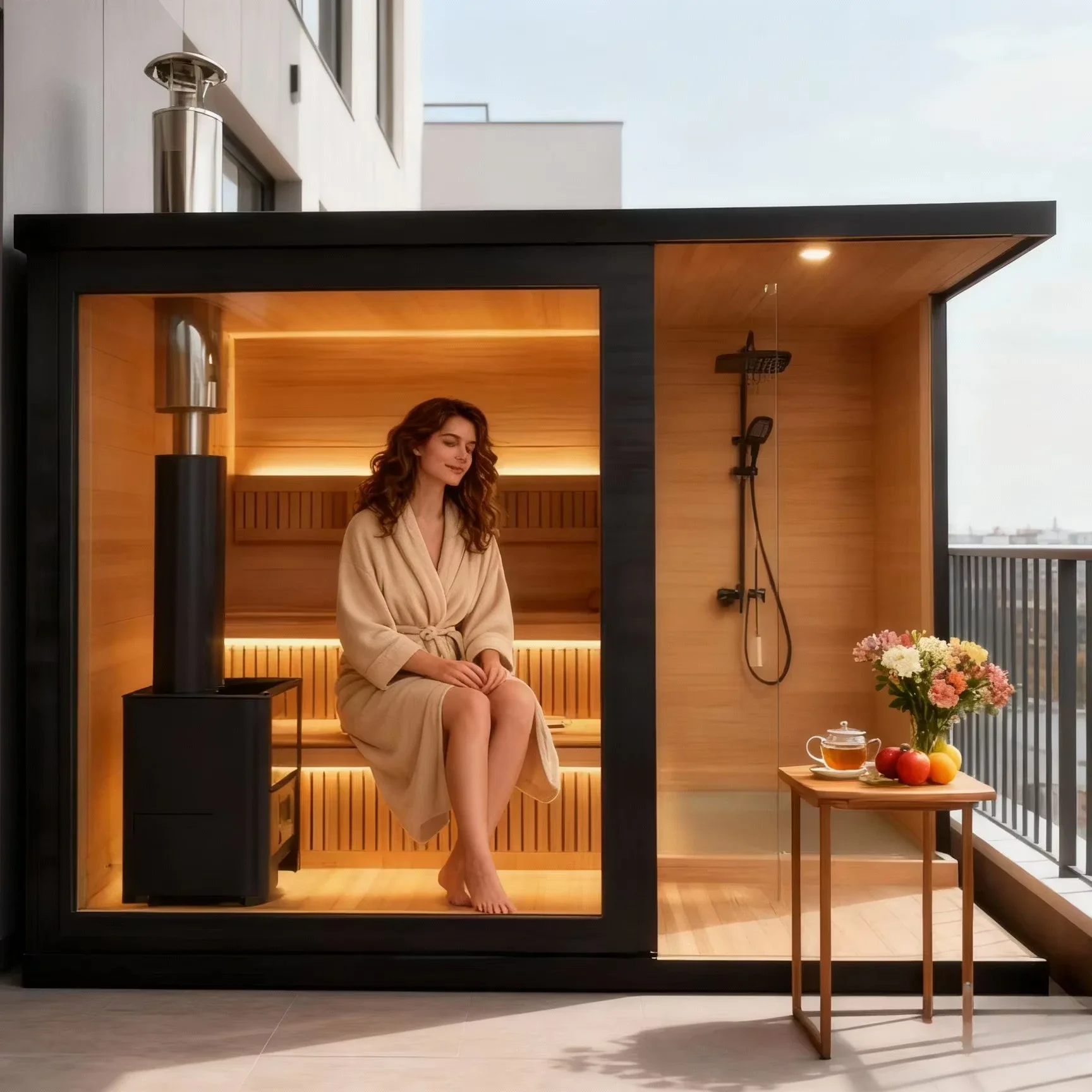 &c Electric Solid Wood Indoor-Outdoor Dry Sauna & Shower Combo with Computer Control Panel Plug Powered