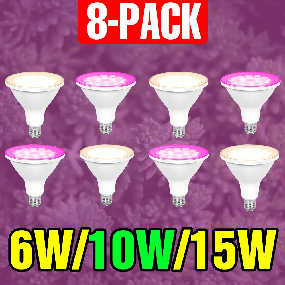 8 Pack LED E27/E26 Grow Light Full Spectrum Indoor Greens Potted Plant Flower Cultivation Hydroponics Lamp AC100-277V 6W 10W 15W
