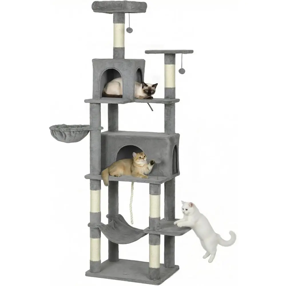 

80 Inch Tall Cat Tree with 2 Condo Rooms, Sisal Scratching, Hanging Balls, Hammock, and Perches in Gray