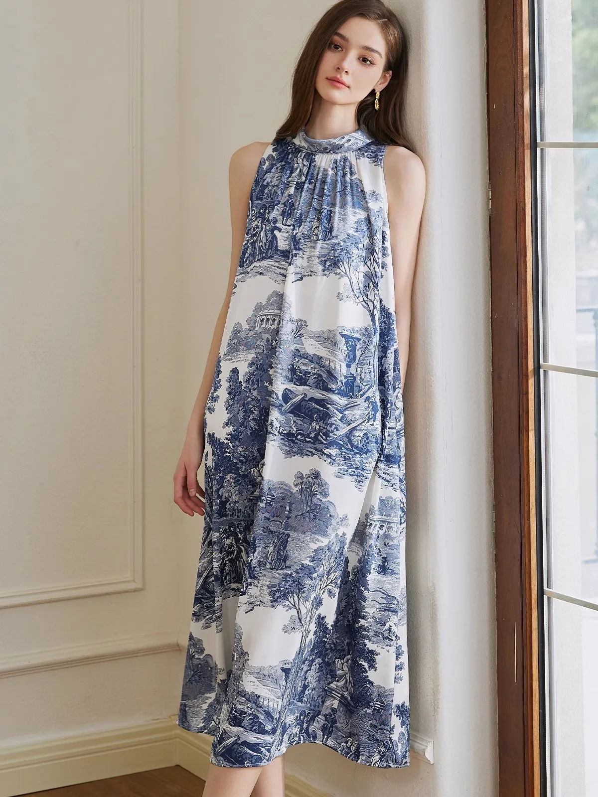 

Vintage Printed Women Casual Halter Neck Midi Dress New Summer Sleeveless Loose Waist O-Neck Lady A-line Long Dresses
