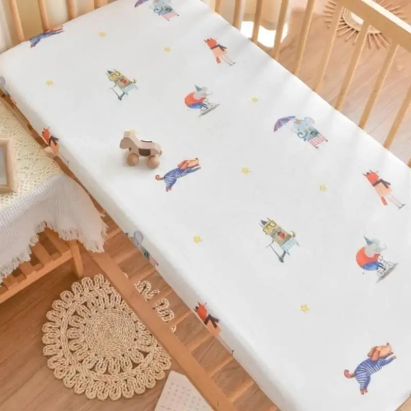 F19F Baby Crib Fitted Sheet Soft & Breathable Lovely Printed Bed Cover Cotton Fitted Sheet for Cosy Nursery Room