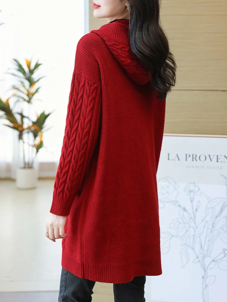 Cardigan lavorato a maglia Thiened Capispalla primaverile da donna Lungo Sve Cappotto maglione con cappuccio in puro colore Coreano Sle Pendolarismo Faion