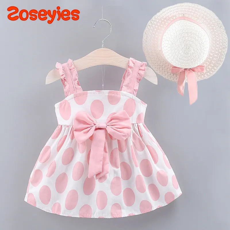 Baby Summer Polka Dot Dress Bow Sling Children'S Clothing 2023 New Girls' Sling Skirt Hat