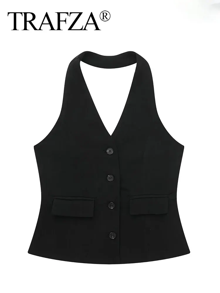 TRAFZA Women Fashion Halter V Neck Vests Vintage Solid Front Button Sleeveless Waistcoat Summer Casual Female Chic Vest Tops