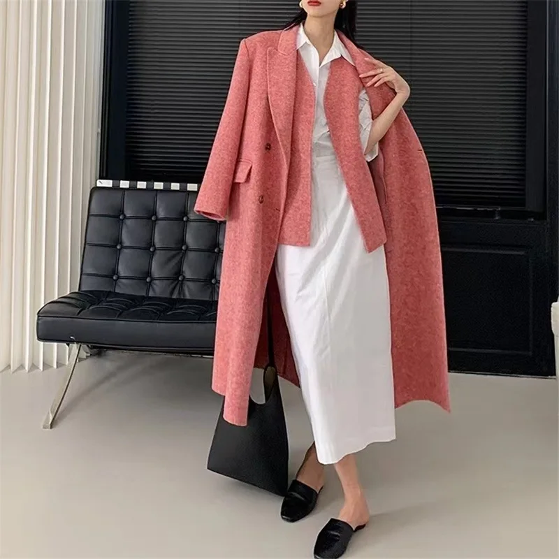 

New Women Two-piece Silkworm Silk Rabbit Fur Double-sided Cashmere Coat Fashion Double-breasted Wool Coat Female Autumn Winter